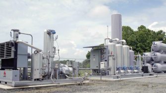 Preconditioned biogas from the farms is routed to Optima KV’s central gas clean-up facility (above) on Smithfield Foods’ property. The cleaned biomethane is pressurized to pipeline standards and sold to Duke Energy.